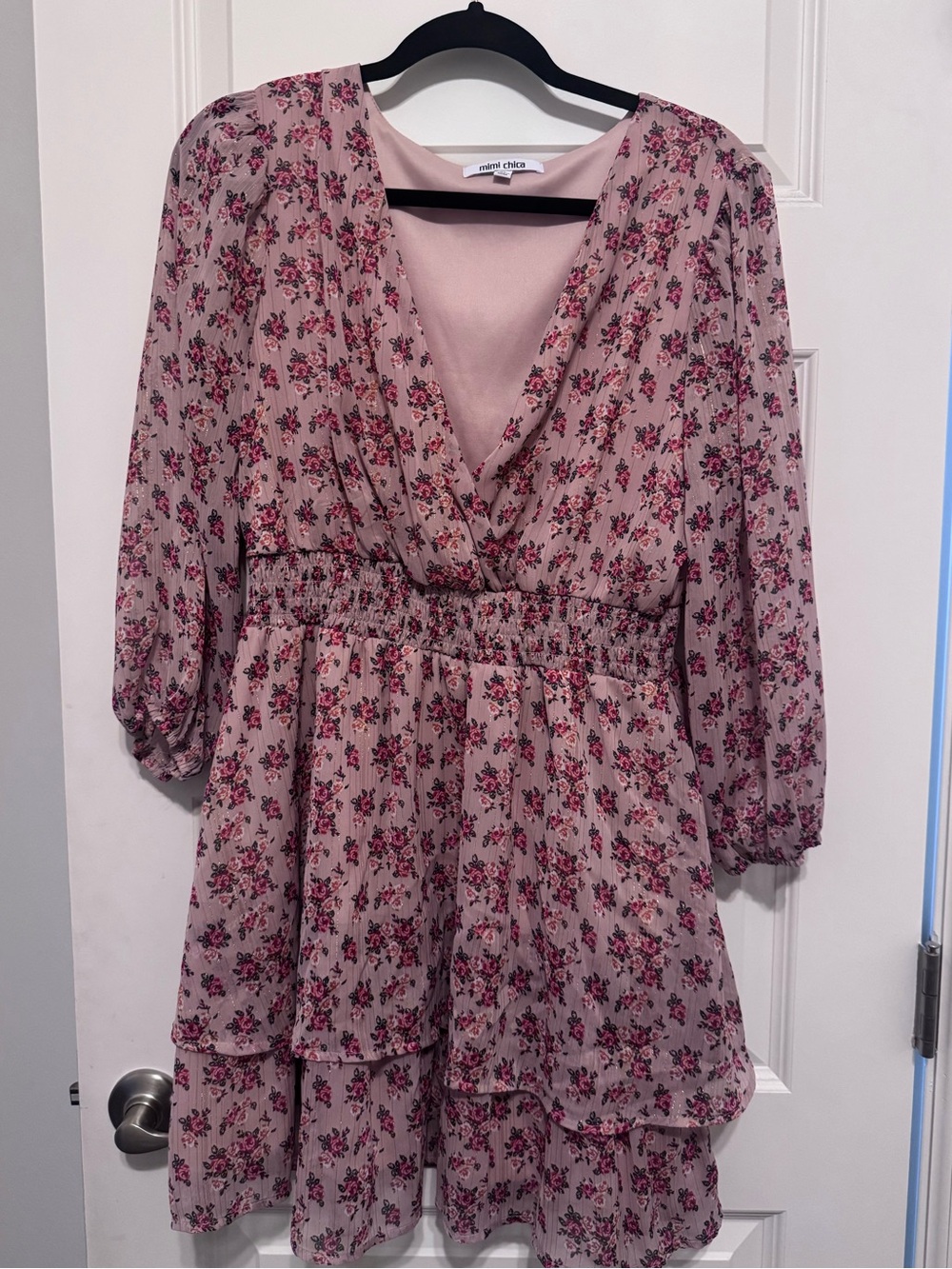 Floral Smocked Waist V-Neck Dress in Blush Pink